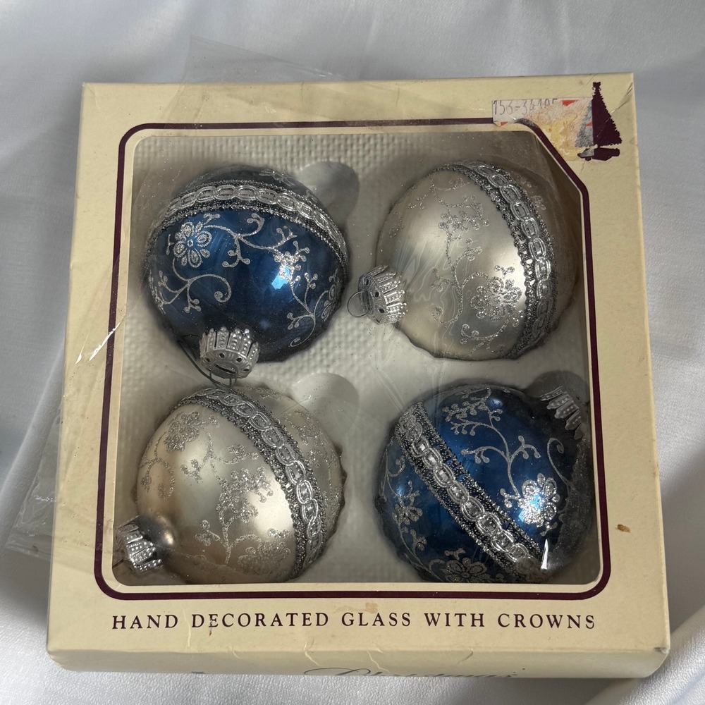Vintage Krebs Christmas Ornaments Blue Silver Glass Balls West Germany Set of 4